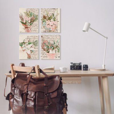 «Quaint Pink Flowers Green Leaves Vintage Brown Script» par Melissa Wang - ensemble de 4 impressions
