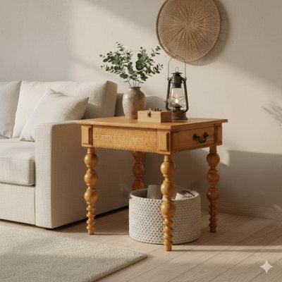 Solid Wood End Table With A Drawer, Easy To Assemble Vintage Narrow Side Table For Sofa Use In The Living Room, In A Natural Finish.