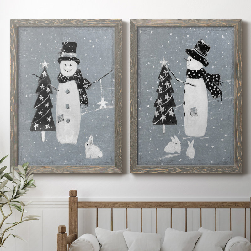«Snowman Galvanized I», ensemble de 2 reproductions, Pas de tapis, H 31,5 po x l 47 po x P 1,5 po, Toile avec cadre gris