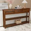 Console de 63 pouces en bois avec 3 tiroirs, façades de tiroirs encastrées en panneau de fibres à densité moyenne moulées avec poignées en métal antique rétro, 2 tablettes de rangement ouvertes, pieds de 2,2 po x 1,4 po d'épaisseur, entrée de table de canapé rustique