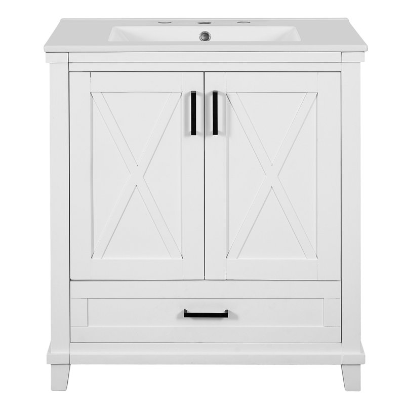 Meuble-lavabo de 30 pouces avec lavabo simple, structure en bois massif et panneau de fibres à densité moyenne, 2 portes à fermeture en douceur, 1 tiroir divisé, 2 tablettes de rangement, un grand espace de rangement, idéal pour les petites et moyenn