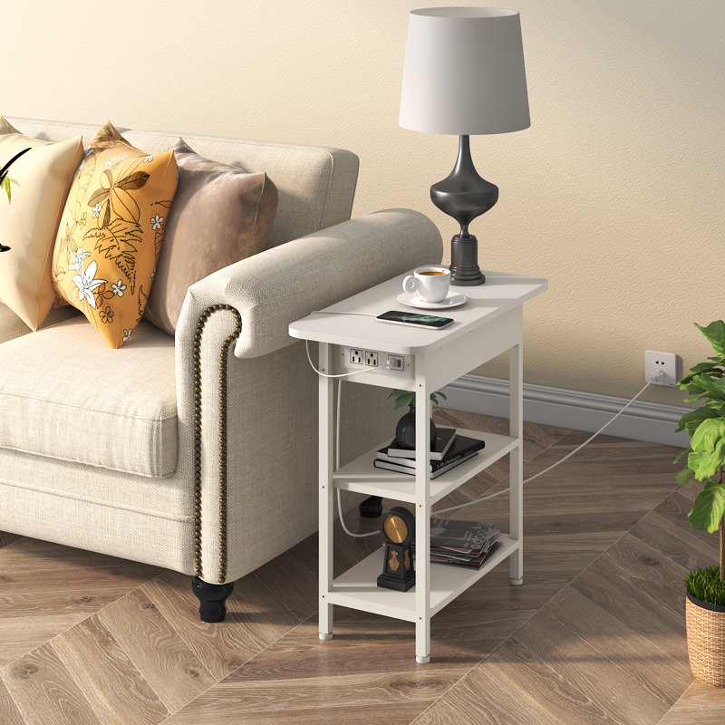 End Table Set of 2 with Storage and Charging Station, White
