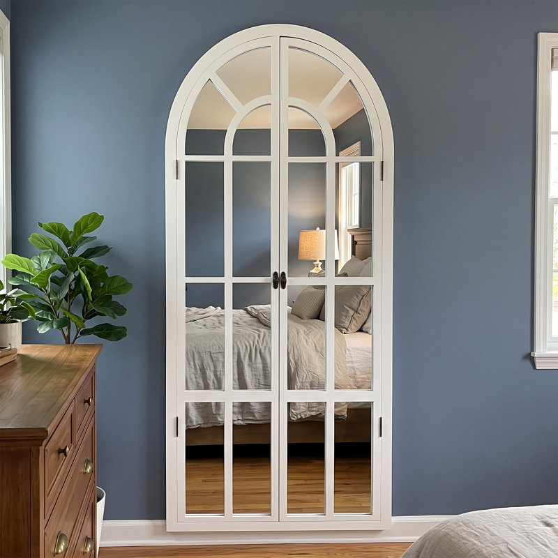 71" H x 31" W Solid Wood Window Pane Arch Full Length Mirror , White