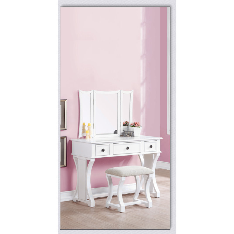 Ensemble de meuble-lavabo moderne unique avec tabouret, miroir pliable et tiroirs, placage en bois aggloméré, meuble 1 pièce