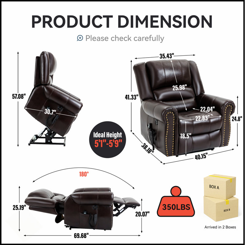 Power Lift Recliner Chair With Heat Massage, Dual Motor, Infinite Position, Up To 350 LBS, Faux Leather Upholstery