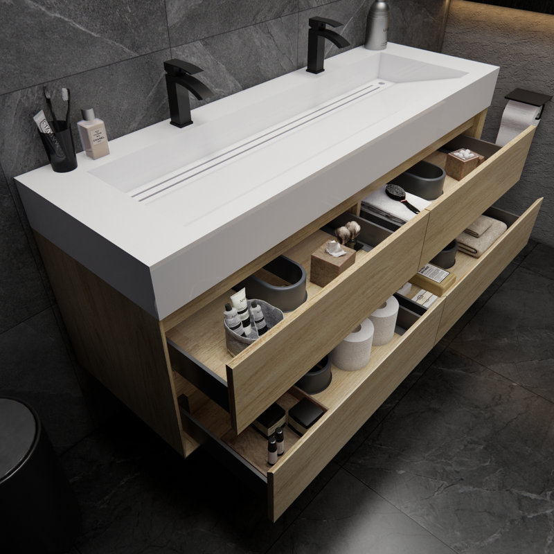 Albizu 59" Wall-Mounted Double Bathroom Vanity, Coffee