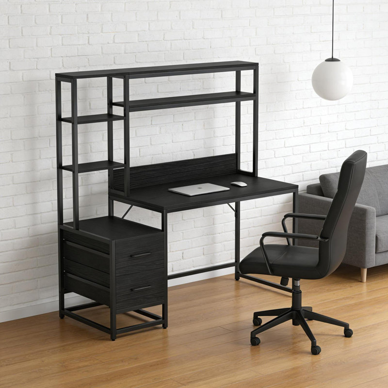 Bureaux multifonctionnels avec rangement, métal noir et bois, bureau industriel