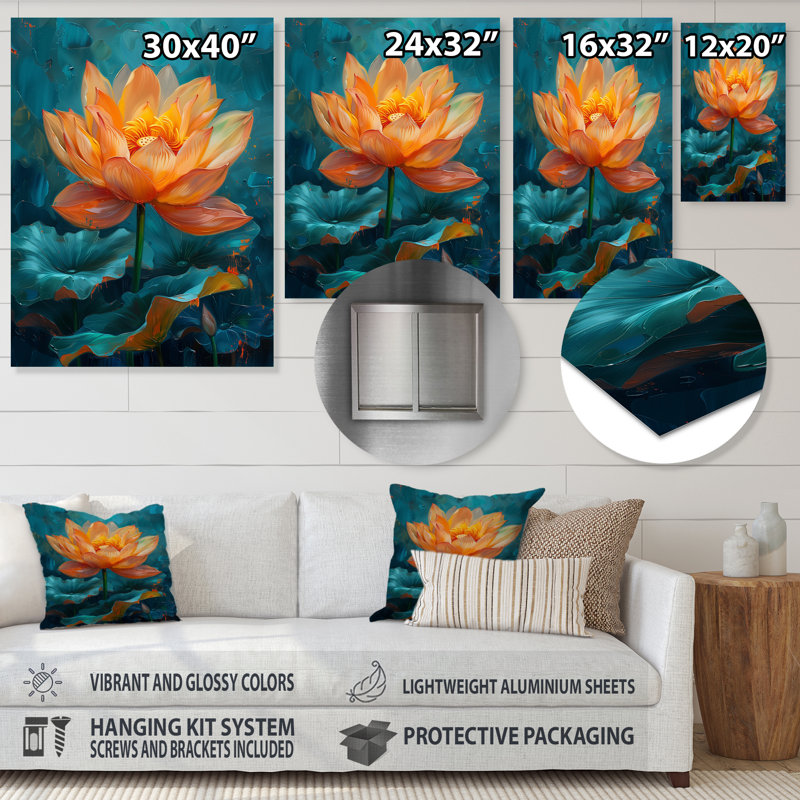 «Vibrant Orange and Blue Lotus Bloom I», art mural Lotus, Sans cadre, métal, H 16 po x l 32 po