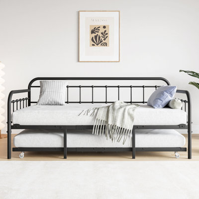 Structure de lit de jour simple en métal avec lit gigogne, plateforme de lit de soutien à lattes en acier robuste avec tête de lit, sans sommier tapissier, noir