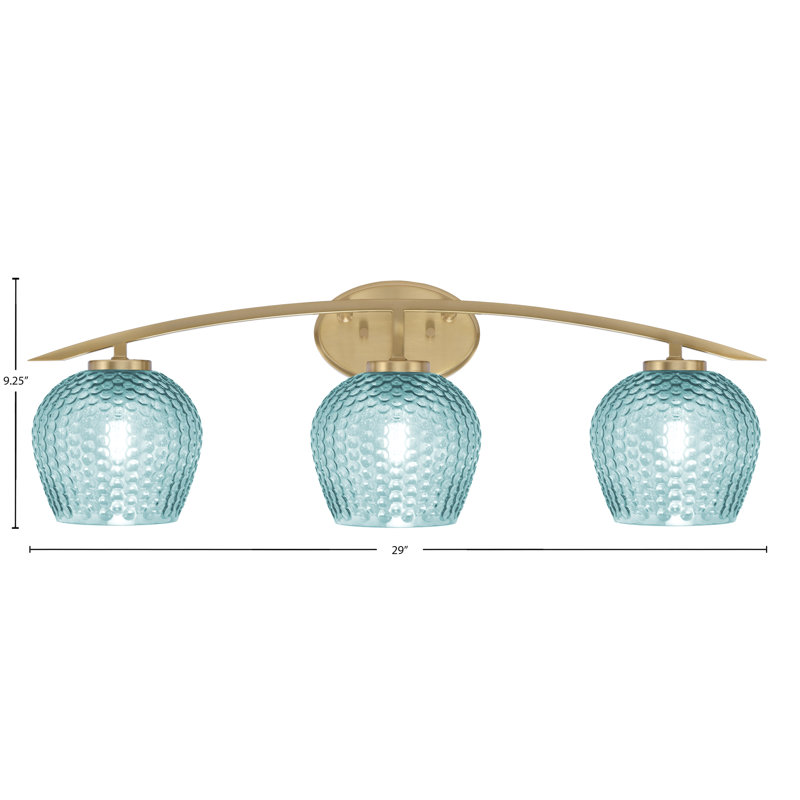 Kurve 3 Light Bath Bar With 6" Textured Glass, Teal, Brass