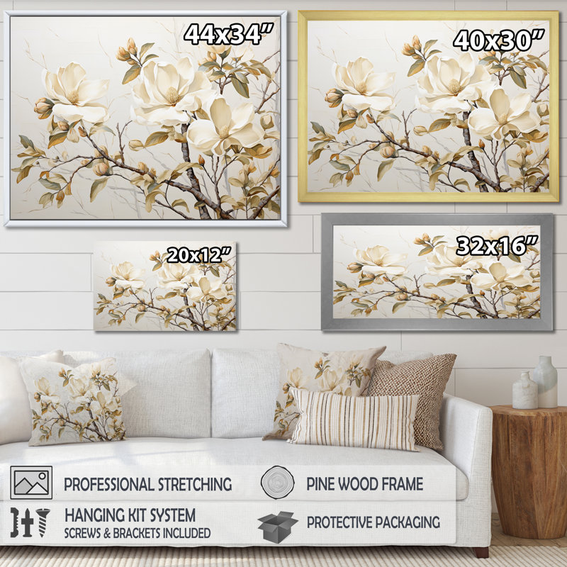 «Elegant Beige Magnolias Tranquility - Magnolias», art mural sur toile, Cadre simple blanc, H 16 po x l 32 po x P 1 po
