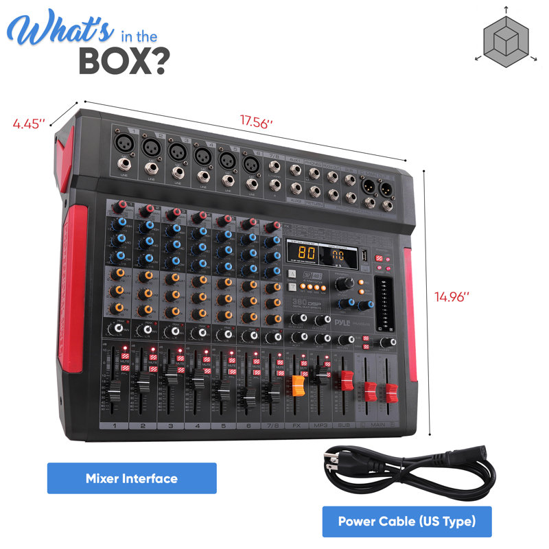 Contrôleur de mixage audio à 5,1 canaux Bluetooth Pyle 8 canaux - 380 effets DSP préréglés - Interface USB - 6 entrées micro / ligne XLR - AUX - MP3 - Prise casque - Alimentation fantôme + 48 V - Dégagement pour la tête - PMX648