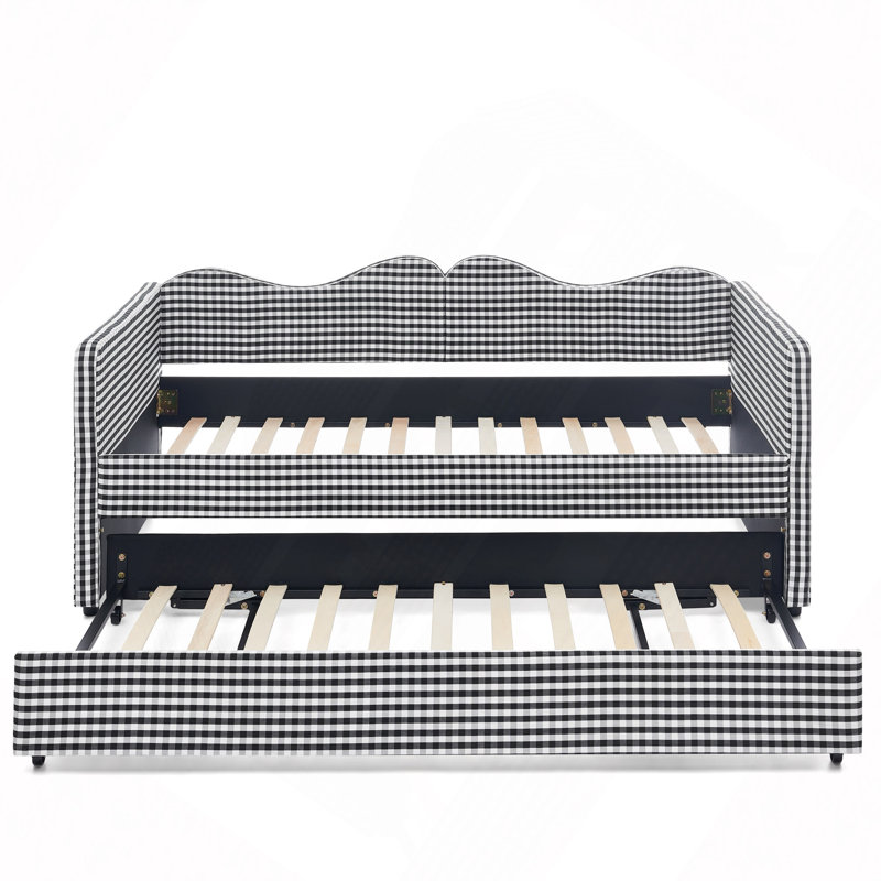Lit de jour, lit de jour rembourré en vichy équipé d'un cadre de lit gigogne escamotable et d'une poche de rangement latérale, canapé-lit multifonctionnel en bois massif pour chambre d'enfant et chambre d'amis