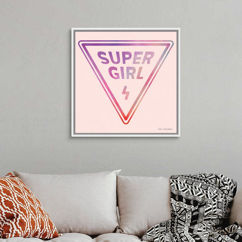 Art textuel sur toile, "Super Girl" par Seven is design, Toile blanche encadrée, 32" H x 32" W x 1.75" D