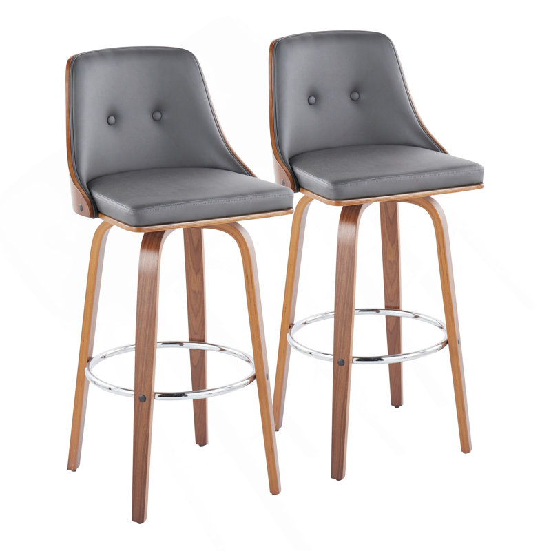 Gianna Mid-Century Modern Fixed-Height Barstool With Swivel In Walnut Wood And Grey Faux Leather With Round Chrome Metal Footrest By Lumisource - Set Of 2