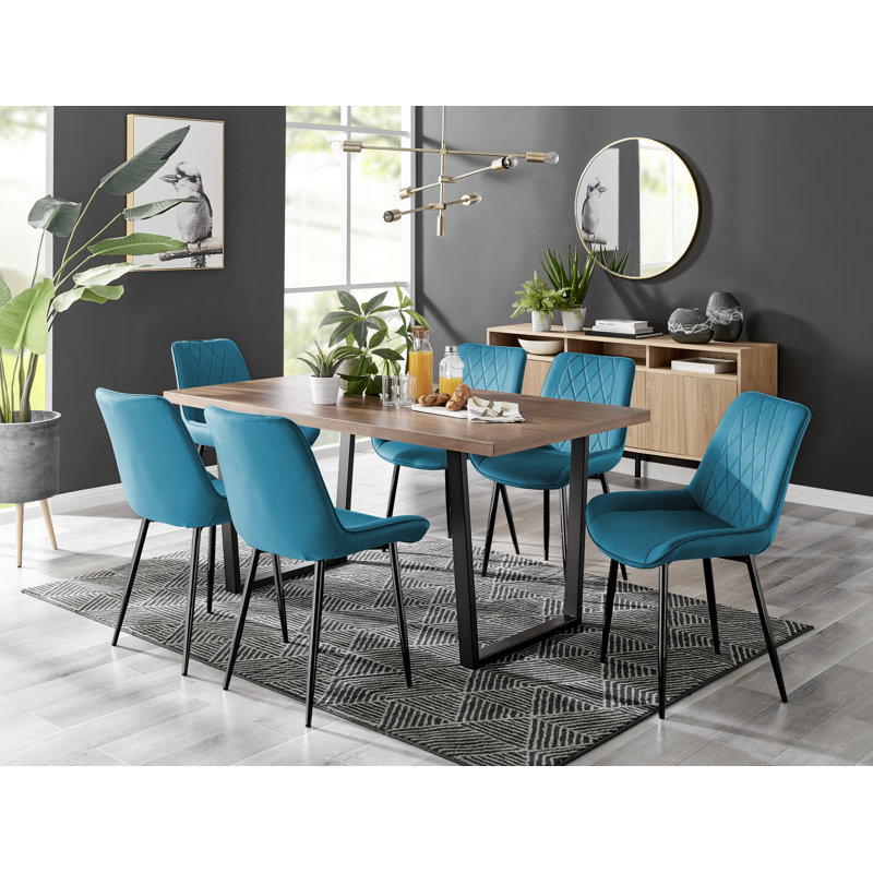Wood Effect Top Rectangular Dining Table With U-shape Black Metal Legs 6 - Person Dining Set, Blue/Black