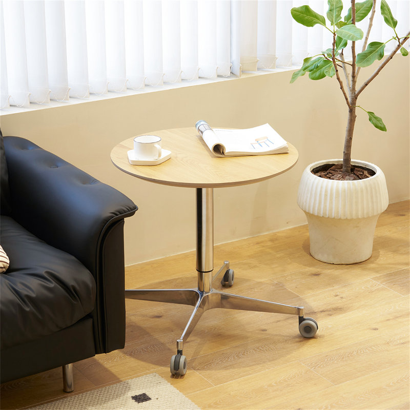 Movable Adjustable Coffee Table 360 Swivel Counter Bar Height Aluminum Star Base Movable, Bronze/SIlver, Natural Wood