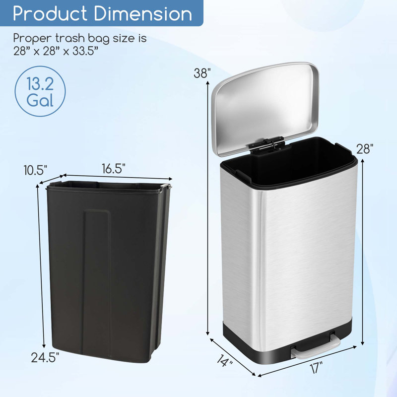 Stainless Steel Trash Can, 13.2 Gal Garbage Can With Lid, Detachable Inner Pail