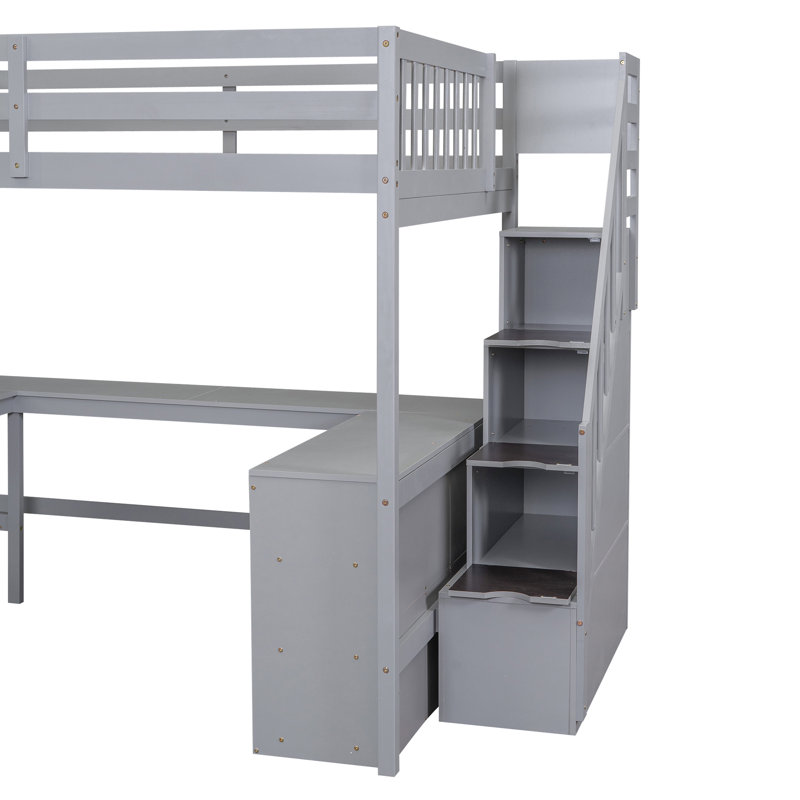 Lit mezzanine gris avec bureau intégré, tablettes et escalier, Gris