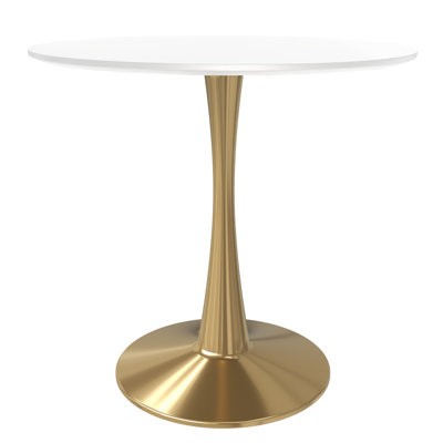 LeisureMod Bristol Round Dining Table with MDF Top and Gold Stainless Steel Pedestal Base - Seats 2-3 Person for Kitchen and Dining Room