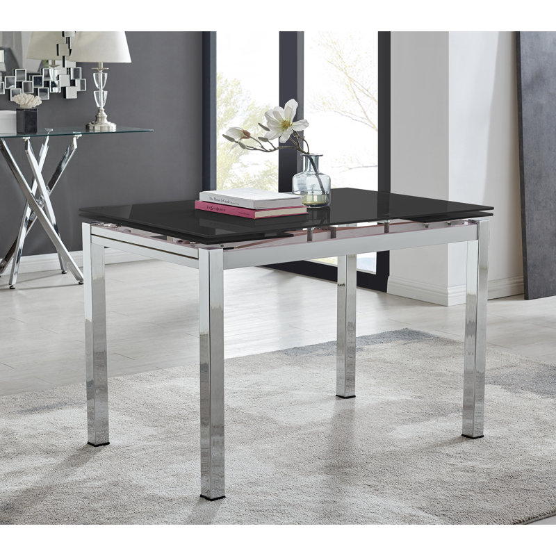 Tierra Modern Glass & Metal Extendable Dining Table Set & 6 Luxury Faux Leather Dining Chairs, White/Silver