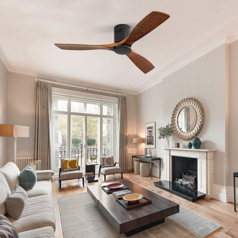 Ventilateur de plafond d'intérieur en bois avec 3 pales en bois massif, télécommande, moteur à courant continu réversible sans lumière