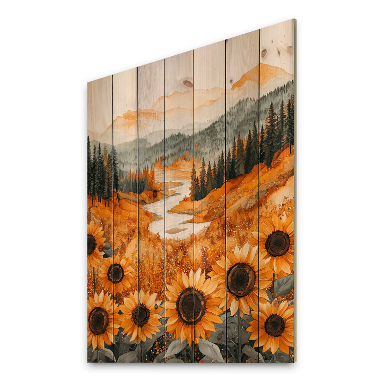 Autumn Sunflowers Field Into The Woods I - Sunflowers Wood Wall Decor - On Natural Pine Wood, 44" H x 34" W x 0.78" D