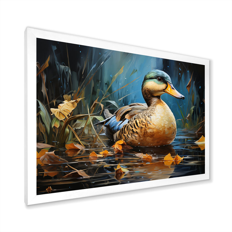 Canard bleu baroque élégance III - Art mural animaux de canard, Cadre d'angle fermé blanc, H 16 po x l 32 po x P 1 po