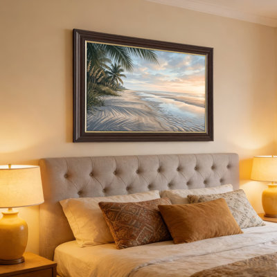 Art mural antique sur toile encadré doré pour le salon, la chambre à coucher, le bureau ou le vestibule - Décoration murale décorative avec plage tropicale