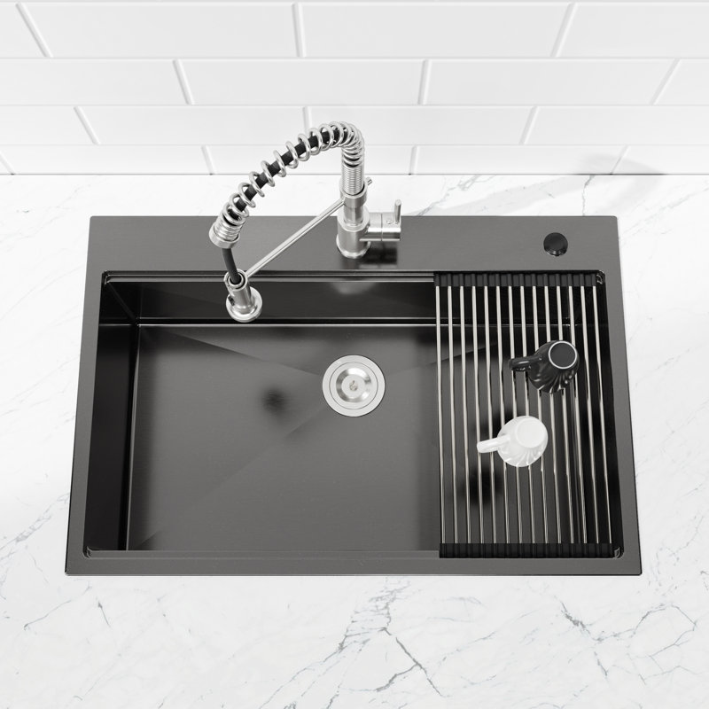 36" Drop-in Single Bowl Stainless Steel Kitchen Workstation Sink with Accessories, Satin Black