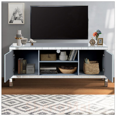 Mirrored TV Stand for 65+ Inch TVs, Silver Console Table with Open Shelves and Sparkling Mirror Doors for Living Room