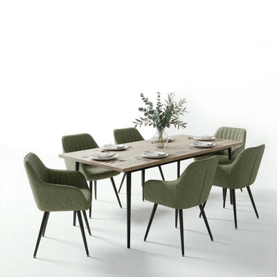 7-Piece Dining Table Set, Modern Rectangular Kitchen Table Set With 6 Upholstered Dining Chairs, Fabric Armchairs And Black Metal Legs For Dining Room