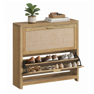 Armoire de rangement à chaussures 16 paires avec 2 tiroirs rabattables, armoire à chaussures d'entrée avec tiroirs en rotin Gwendolen