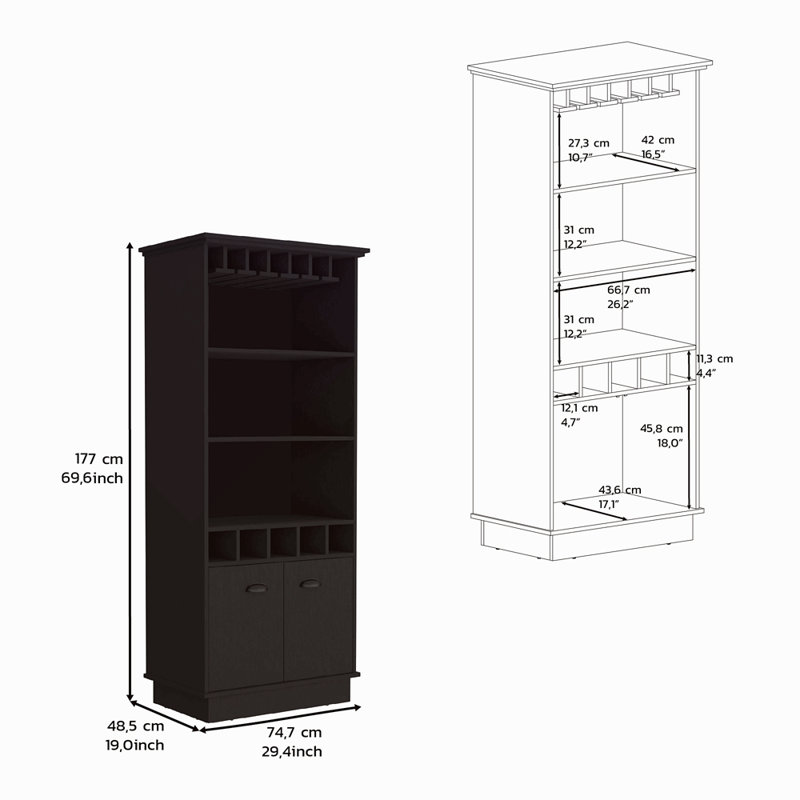 Bar 70 "avec support à vin, armoire en verre supérieure, trois tablettes de rangement ouvertes et une armoire, Noir