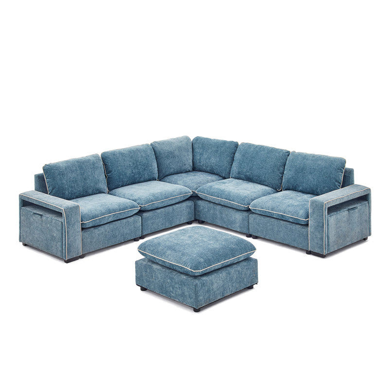 Canapé modulaire en chenille bleu 102,36 po l 6 pièces avec bras de rangement, Bleu