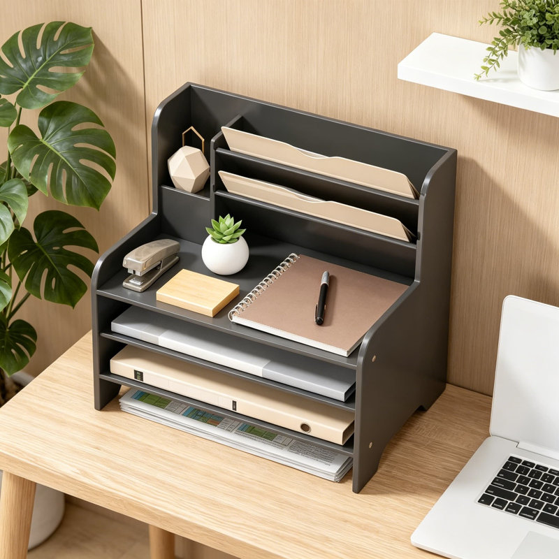 Organisateur de bureau en bambou avec bac à lettres à 3 niveaux, porte-courrier et rangement pour dossiers papier, trieur de dossiers de comptoir pour papiers A4, cahiers, fournitures de bureau