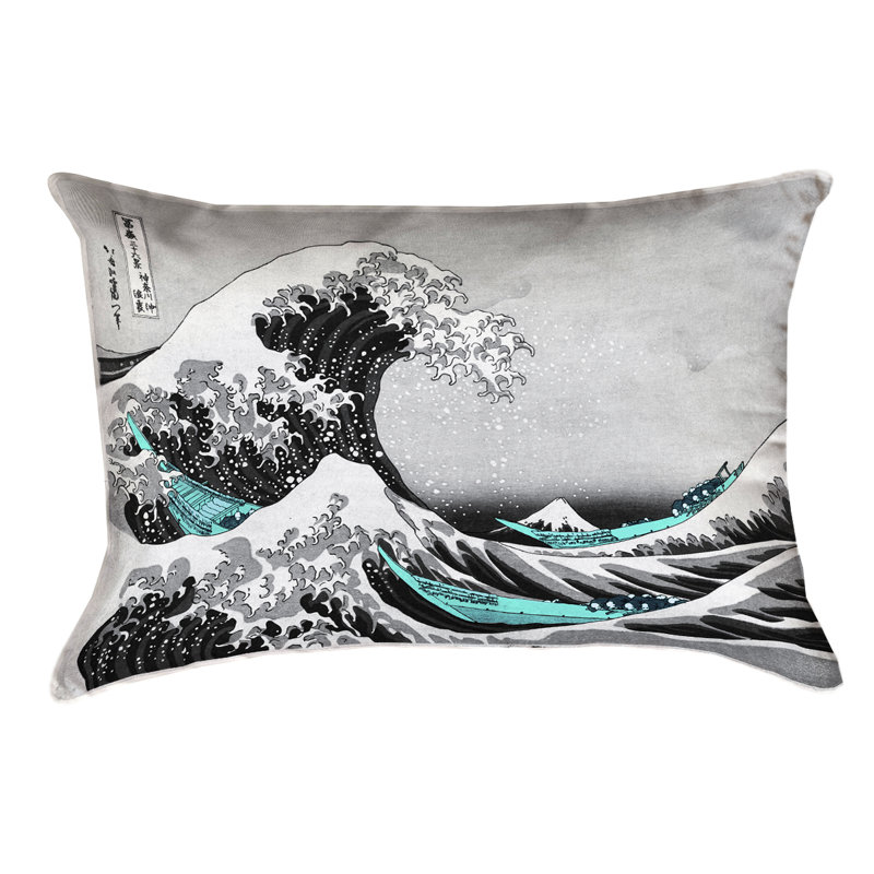 Katsushika Hokusai Outdoor Throw Pillow, Teal/Gray