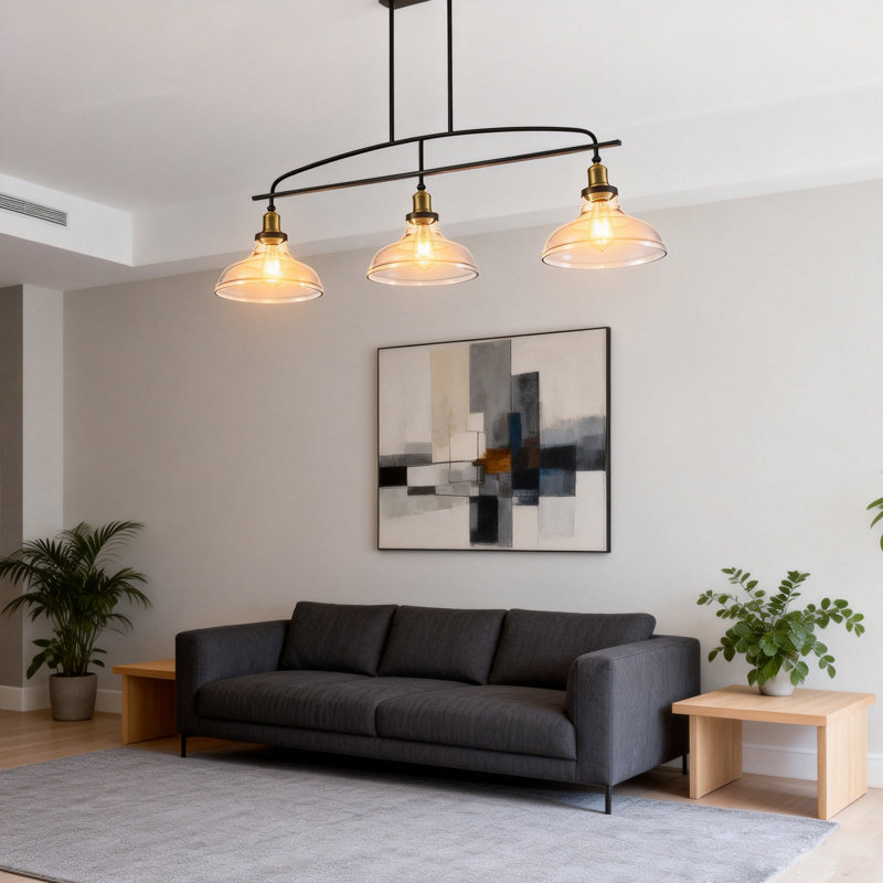 Lustre suspendu industriel à 3 lumières avec abat-jour en verre transparent, cadre en métal noir, hauteur réglable, éclairage campagnard moderne