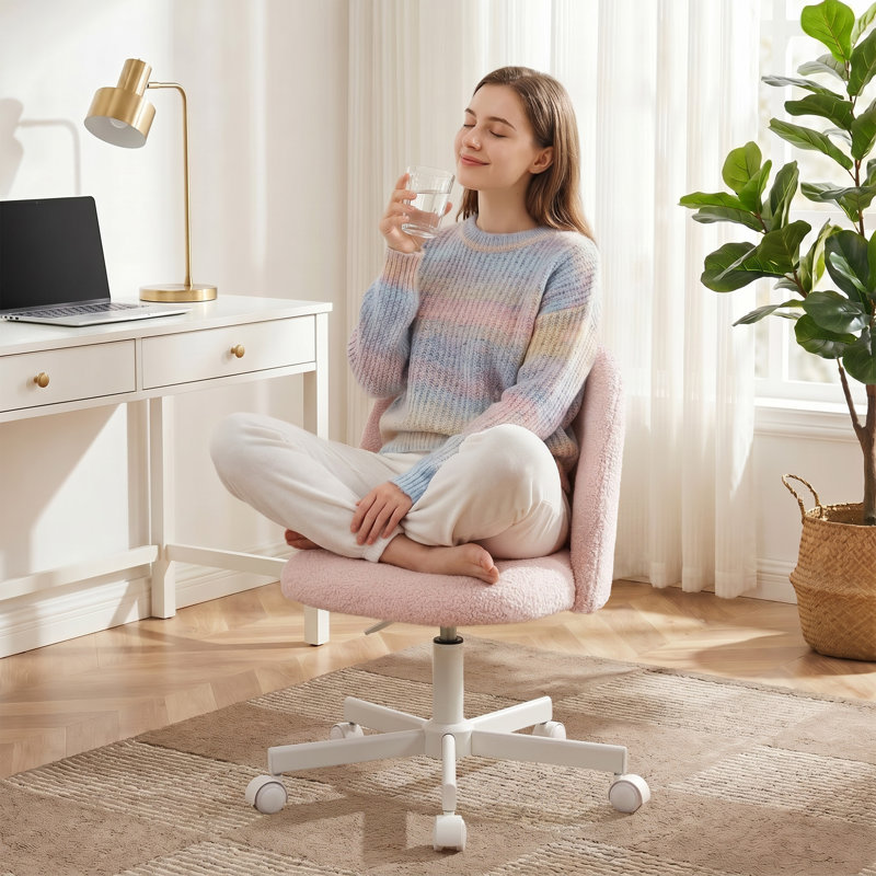 Home Chair Office Desk Chair Teddy Fleece Fabric Vanity Chair - High Backrest Compact Swivel Cute Makeup Desk Chair, Pink