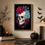 Art mural sur toile rouge et bleu avec tourbillons de fleurs d'Halloween-1687014785