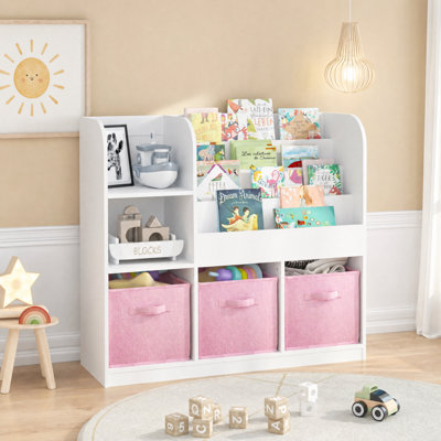 Rangement pour jouets d'enfants avec tablette, bibliothèque en bois avec 3 bacs amovibles en tissu, meuble à jouets à plusieurs compartiments pour salle de jeux, chambre d'enfant