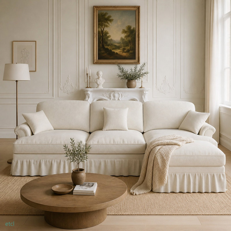 Upholstered 103.1 " Chenille Sectional, Chenille beige / blanc