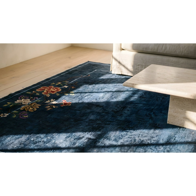Navy Blue Color Field Antique Floral Pattern Chinese Deco Rug