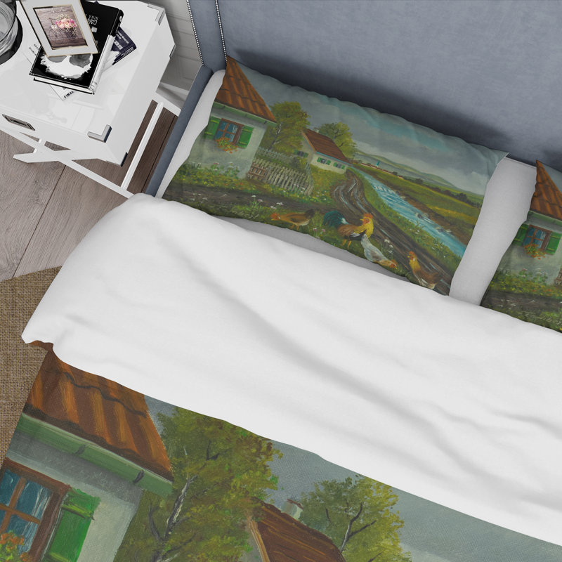 Three Chickens & A Cock In A Meadow With Flowers - Ensemble de housse de couette Farmhouse - Microfibre de polyester
