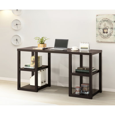 Bureau en chêne cappuccino avec bordure, 4 tablettes de rangement, placage de papier, table d'écriture gain de place.