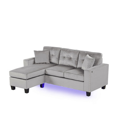 Sorrento 74"W Gray Velvet Reversible Sectional Sofa Chaise With LED Light, USB Port, Nailhead Trim, Throw Pillows, Tufted Cushion