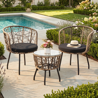 3 Piece Bistro Set, Modern Outdoor Wicker Patio Furniture with Tempered Glass Table Top and 2 Chairs, Natural Rattan and Black Cushion