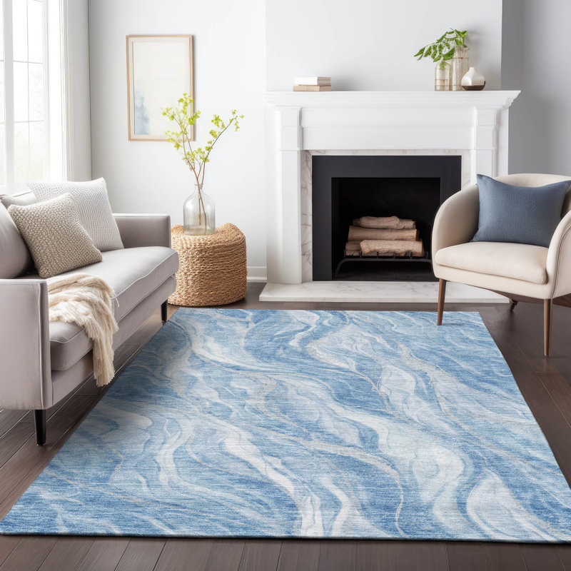 Tapis bleu Prisco lavable à la machine de qualité supérieure, Rectangulaire 3 pi x 5 pi