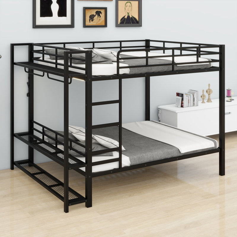 Space-Saving Bunk Bed Featuring Storage Shelves, Hooks, and LED Light Strip