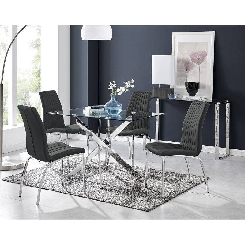 Lenworth Modern Chrome Metal and Glass Dining Table Set with 4 Luxury Faux Leather Dining Chairs, Black